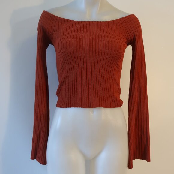 Womens Intermix Rust Ribbed Flare Sleeve Off-The-Shoulder Sweater P US/XS - Picture 3 of 10